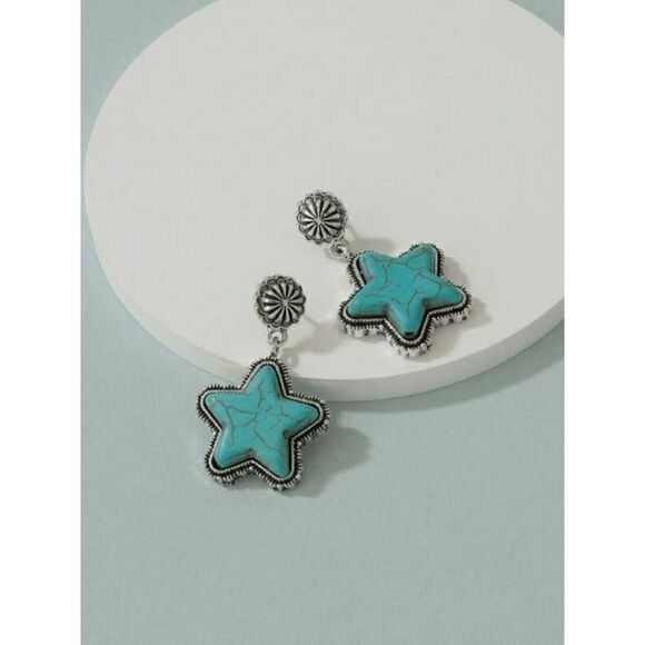 Silver Turquoise Western Star Dangle Earrings - Picture 2 of 5